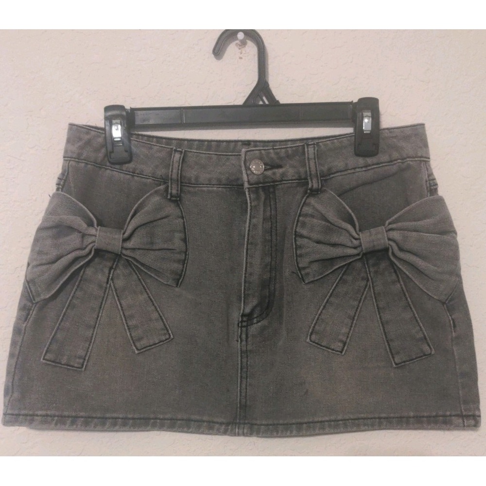 Shien Women's/ Junior Gray Bow Knot Pockets Jean Mini Skirt Size M